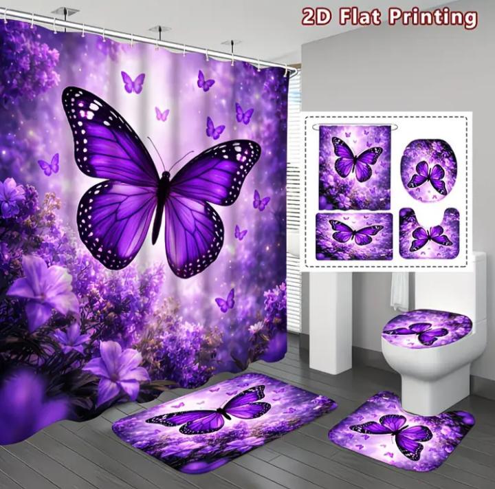 2d flat, 4 pcs purple butterfly garden shower curtain set | 12 hooks.